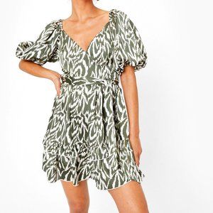 Green Cream Flowy BOHO Stay Wild Petite Puff Sleeve Mini Dress Mini dress